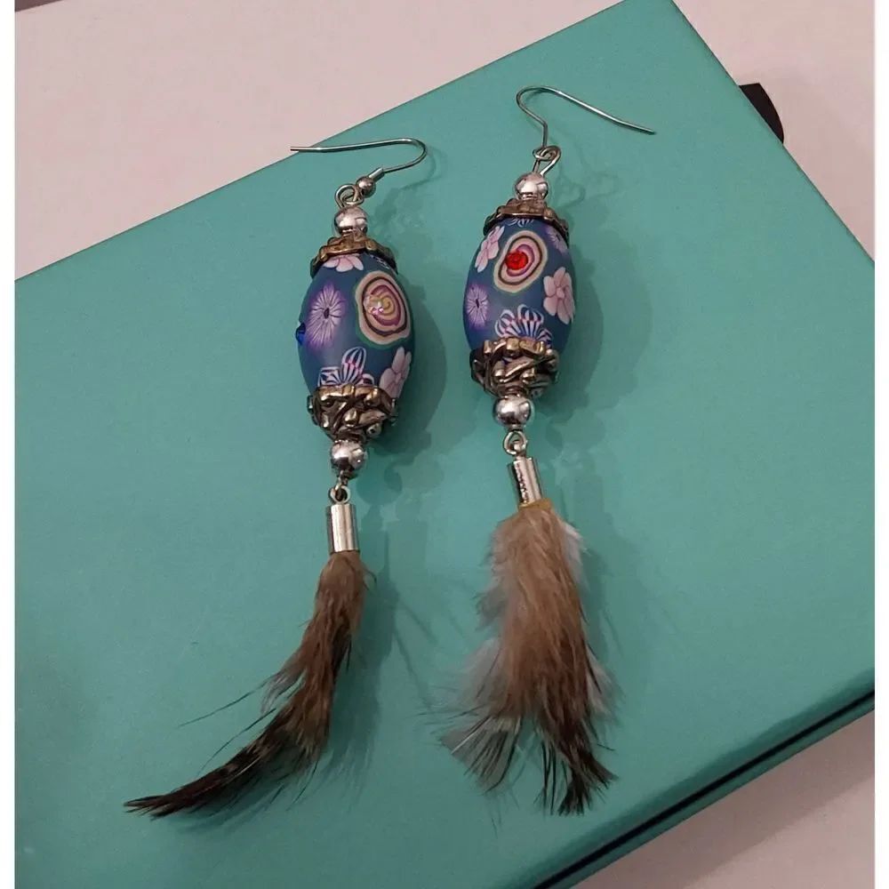 Gorgeous Vintage Painted & Jeweled Glass & Feather Dangle Earrings